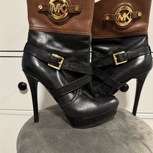 Michael Kors Black and Brown Heeled Boots with Gold Accents